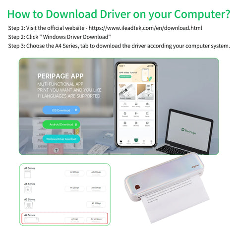 PeriPage A4 Paper Printer Thermal Transfer Printer Wirless Photo Printer USB BT Picture Printers Support 2''/3''/4''Paper Width